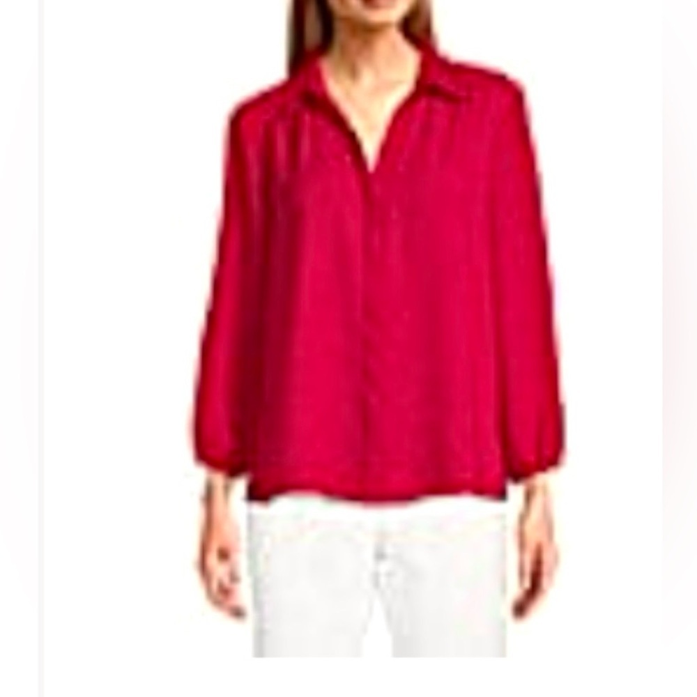 NEW Investments Woven Point Collar 3/4 Sleeve Button Front Top